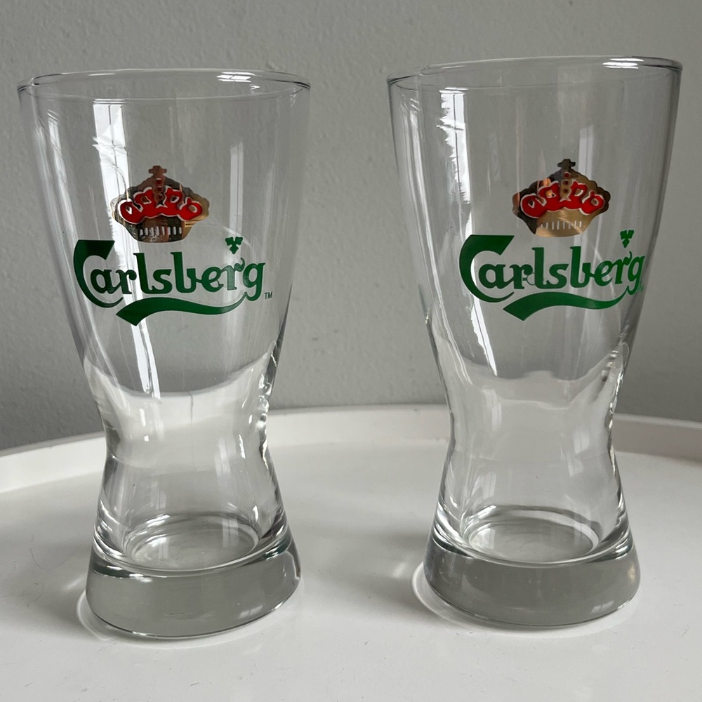 Set of 2 Vintage Carlsberg Pilsner Beer Glasses Logo Crown Emblem Barware